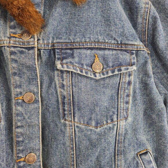 Jean Jacket With Faux Fur Brown Blue Large Vintage - Picture 3 of 9